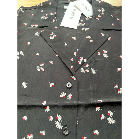 Thakoon Medium Black Daisy Print Short Sleeved Crop Button Down Collard Top NEW! - Picture 3 of 6